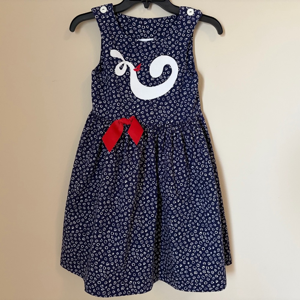 Nautical Navy Girls Sleeveless Dress with White Appliqué and Red Bow Size 6X